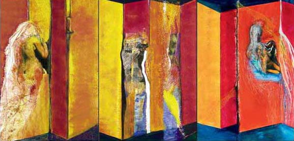 Begegnung zwischen den Zeiten | Triptychon 2004<br />Mixed media on canvas | 210 x 100cm<br />Price: 3200,00€